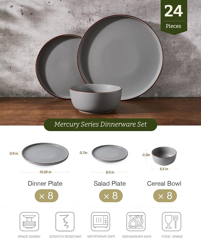 Famiware Mercury 24-Piece Stoneware Dinnerware Set, Dark Grey | Plates and Bowls