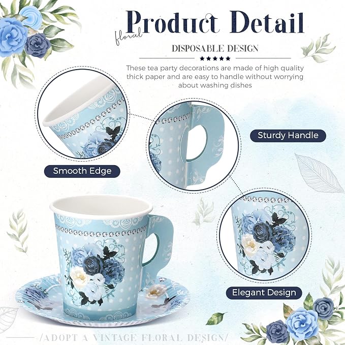 Nuogo 200 Pcs Floral Paper Tea Cups and Saucers 7 oz Disposable Paper Teacups