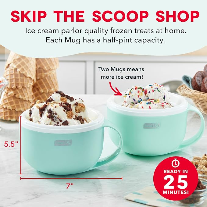 Dash My Mug Ice Cream Maker Bundle, 2 Half-Pint Freezer Mugs, Aqua | Electric
