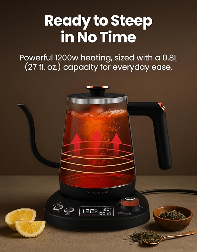 Viante Electric Gooseneck Kettle 0.8L, Pour Over Coffee & Tea, Temp Control |