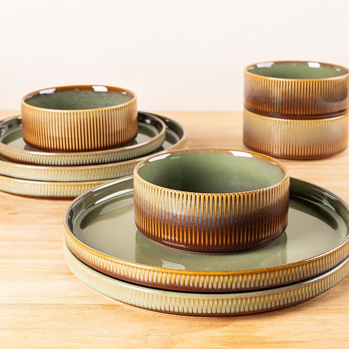 Ceramic Dinnerware Set for 4, 12-Piece Plates and Bowls Set | Lightweight