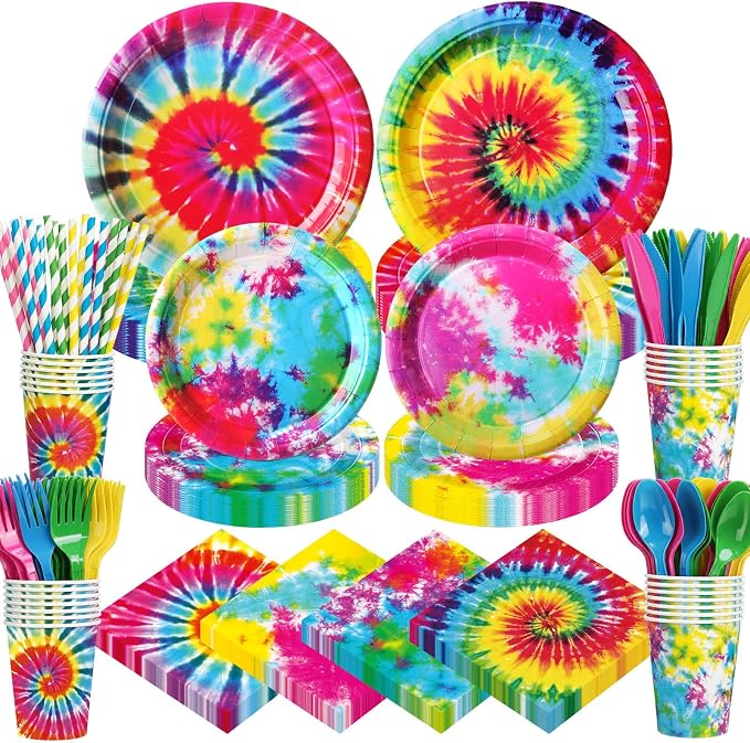 450 Pcs Tie Dye Party Tableware Set Decorations, Serves 50 | Rainbow Birthday