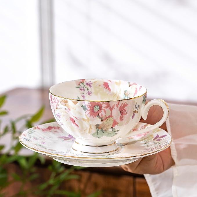 fanquare Pink Floral Tea Cup and Saucer Set