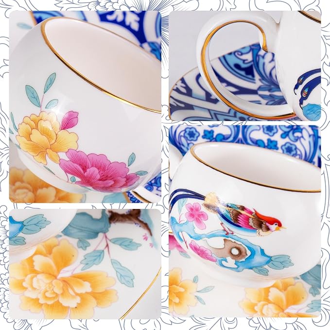 KAMMAK Tea Cups and Saucers Set of 2, Fine Bone China Coffee Cups, GH015 |