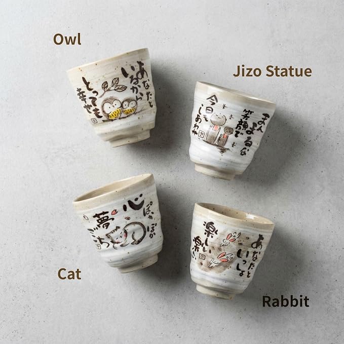 Japanese Tea Cups Handleless Coffee Mugs Jizo Statue Design 6.4 oz Set of 2 |
