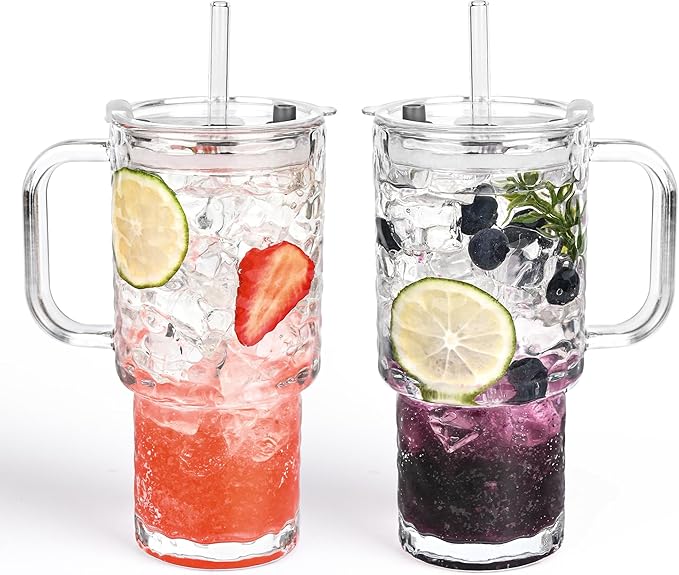 17oz Glass Tumbler with Handle & Lid – 2-Pack Iced Coffee Cups with Straws