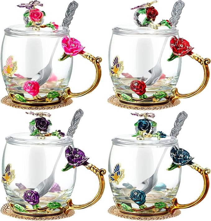 Nuanchu 4 Sets Flower Glass Tea Cups