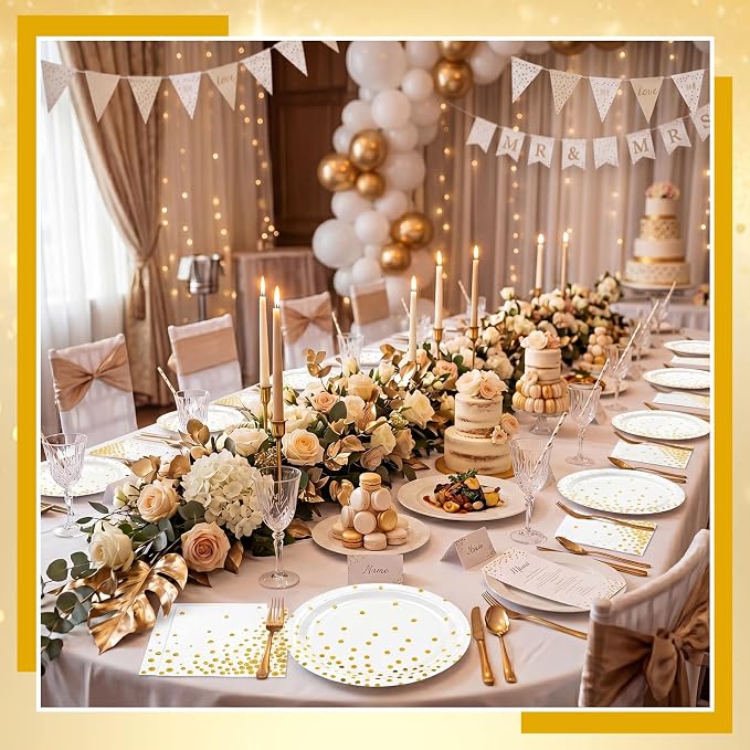 NatNarr 25 Set White Gold Plates and Napkins Set, 6.5" Napkins, Party Plates