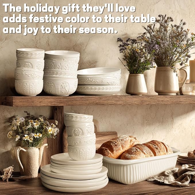 Small Bowls Set of 4, 12 oz Ceramic Embossment Dessert Bowls, Ice Cream