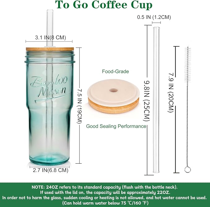 ANOTION Colored Glass Cups - 24oz Travel Coffee Mug Wide Mouth Mason Jar Iced