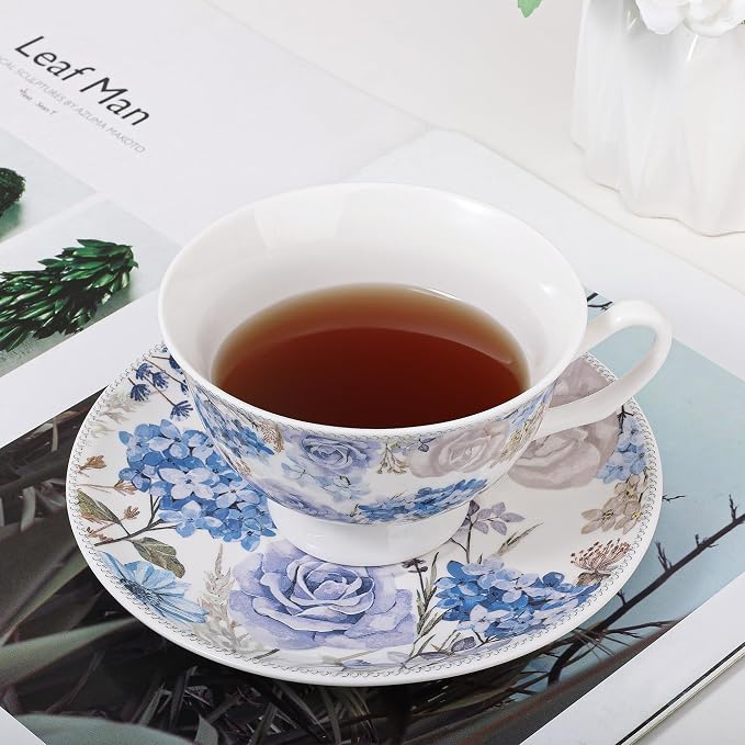 fanquare 6 oz Blue Rose and Hydrangea Porcelain Tea Cup and Saucer Set |