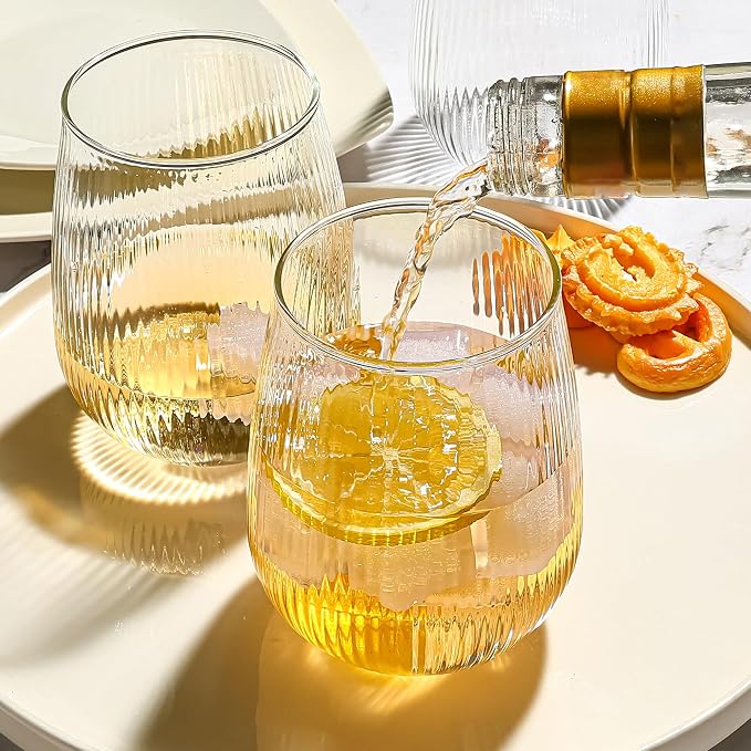 UMEIED 12 Pack Textured Glass Cups, 490ml | Elegant Vertical Ribs, Flat Base