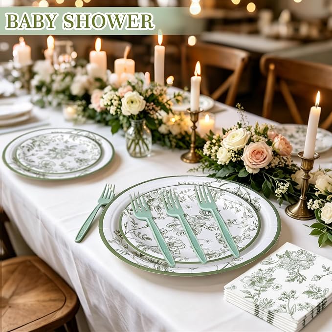 100 Pcs Disposable Sage Green Flower Tableware Set