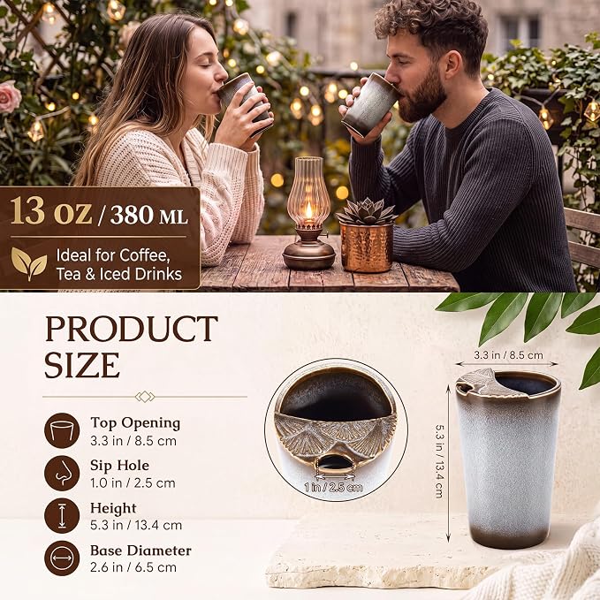 1 Pack Ceramic Coffee Mug with Sip Hole, 14.5 oz Handleless Tumbler Cup with 1