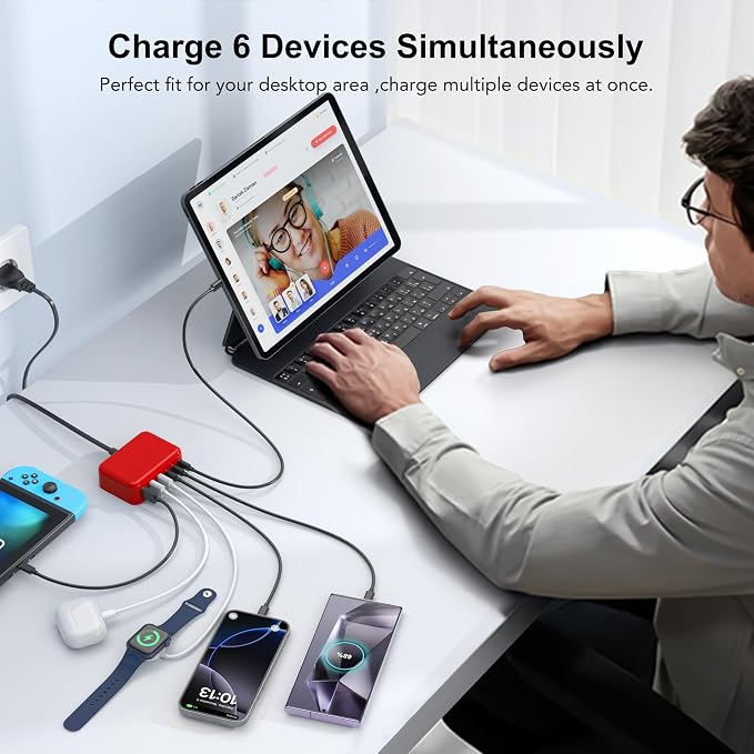 USB C Fast Charger 100W GaN 6 Port Type USB C Charging Station Hub Block Wall