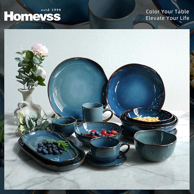 Highland 16pc Dinnerware Set, Unique Organic Shape Double Bowl, Stoneware Plate