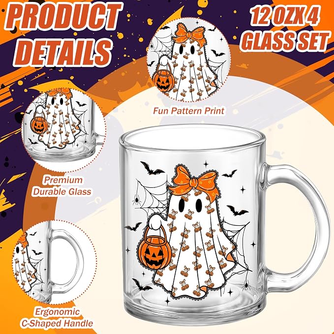 Tioncy 4 Pcs Halloween Ghost Coffee Mugs 12 oz Pumpkin Glass Cups