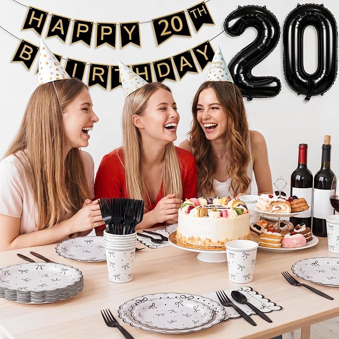 Natnarr 25 Set Black Bow Birthday Decorations Cute Bow Plates Napkins Set | 9"