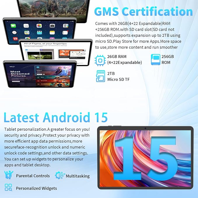 Android 15 Tablet 10 Inch, 26GB RAM+256GB ROM/2TB Expandable Tablet, 2 in 1