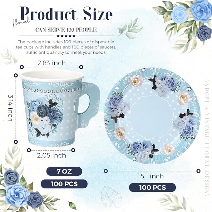 Nuogo 200 Pcs Floral Paper Tea Cups and Saucers 7 oz Disposable Paper Teacups