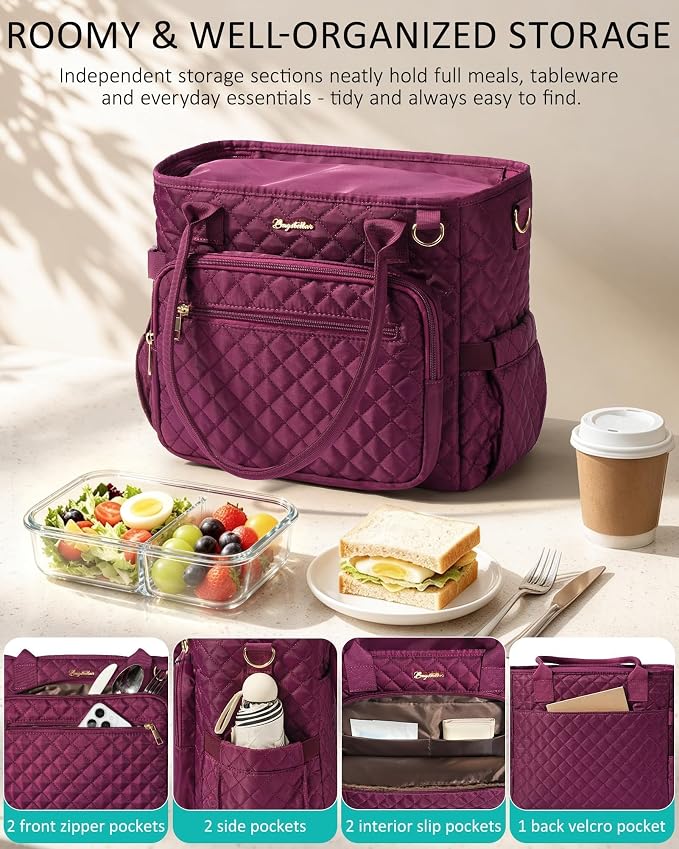 Lunch Box for Women Insulated Lunch Bag Quilted Soft Cooler Tote | 7 Pocket