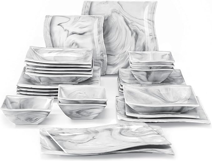 MALACASA 26-Piece Marble Grey Square Dinnerware Sets, Flora Porcelain Dinner Set
