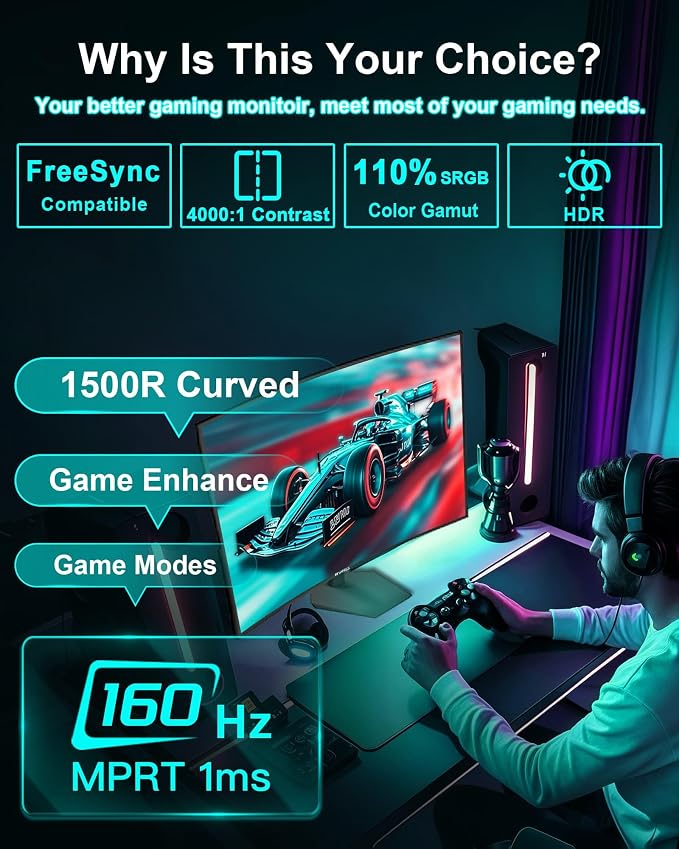 SANSUI 27 Inch Curved 160Hz Gaming Monitor, 1500R Curved Computer Gaming