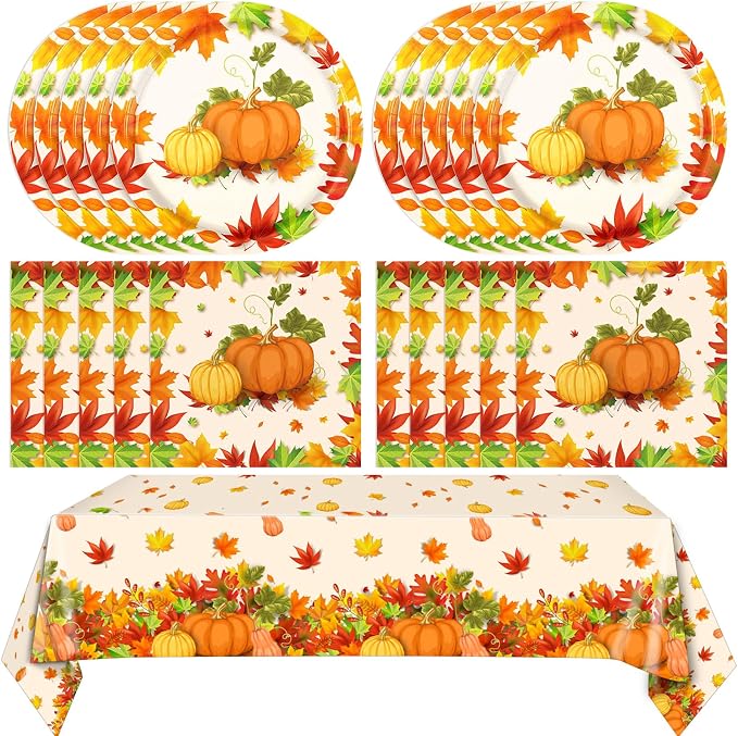 41Pcs Thanksgiving Party Decorations, Fall Paper Plates Napkins Tablecloth