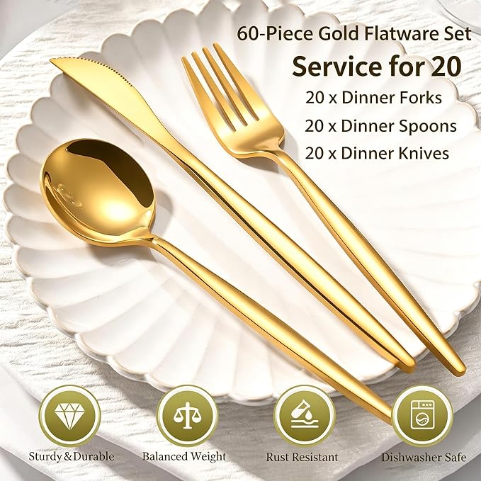 60-Piece Gold Silverware Set for 20, Food Grade Stainless Steel Flatware Set