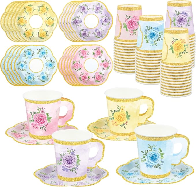 24 Sets Floral Paper Tea Cups and Saucers Disposable Tea Party Supplies