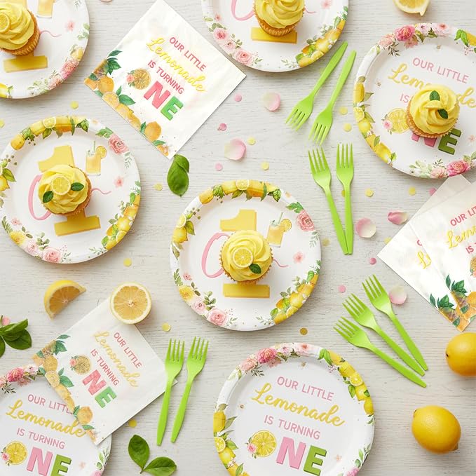 96Pcs Lemon 1st Party Plates Supplies Pink Yellow Our Little Lemonade Is