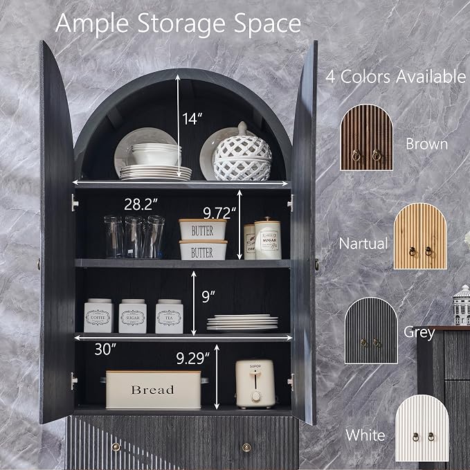 71" Tall Arched Pantry Cabinet, Fluted Kitchen Storage Cabinet