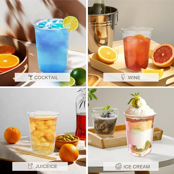KesaPlan 50 Pcs 16oz Plastic Clear Cups, Disposable Wine Cocktail Glasses |