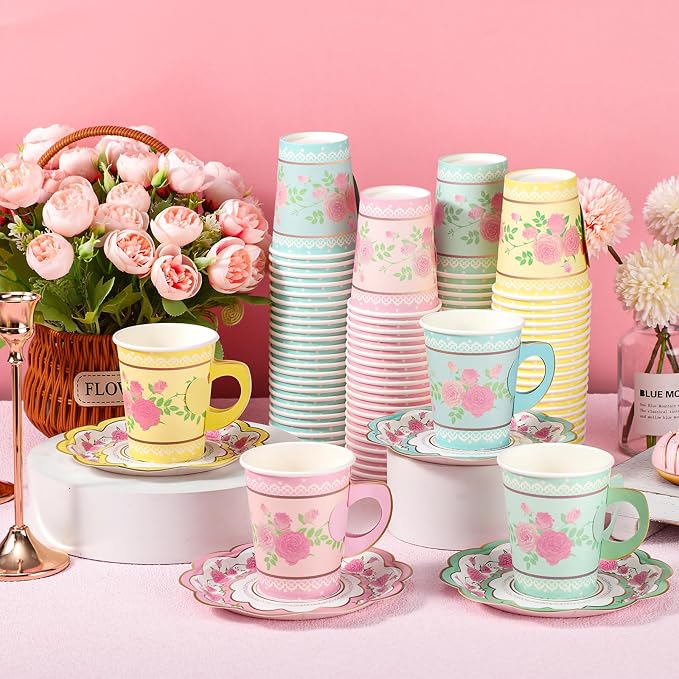 FillTouch 100 Sets Floral Paper Tea Cups and Saucers Disposable Paper Tea Party