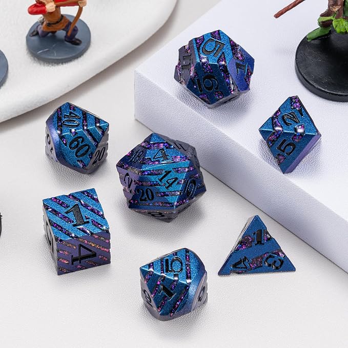 Metallic Glitter Stripes D&D Dice Set, RPG Metal Dice Set Dungeons and Dragons