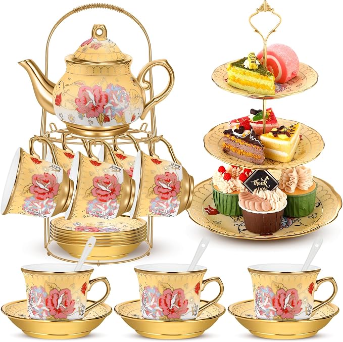 21 Pcs Ceramic Teapot Set Vintage Porcelain Tea Cups