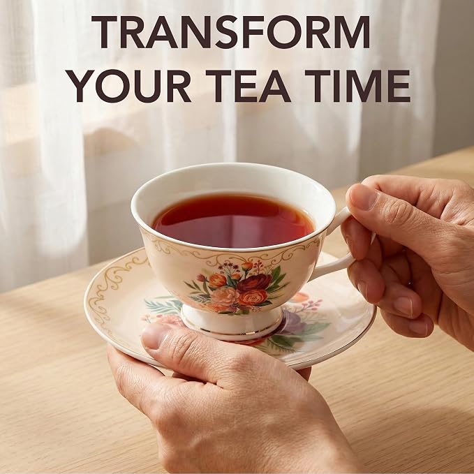 BTaT- Floral Tea Cups and Saucers, 8 oz, Fine Porcelain Teacup Set