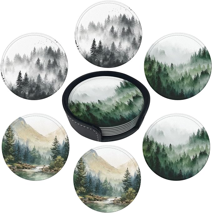 Forest Coasters Leather Round Drink Coasters 6 Pcs Set