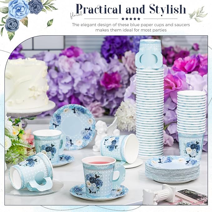 Nuogo 200 Pcs Floral Paper Tea Cups and Saucers 7 oz Disposable Paper Teacups