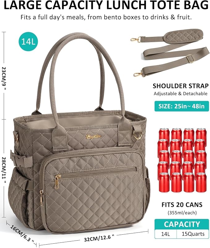 Lunch Box for Women Insulated Lunch Bag Quilted Soft Cooler Tote | 7 Pocket
