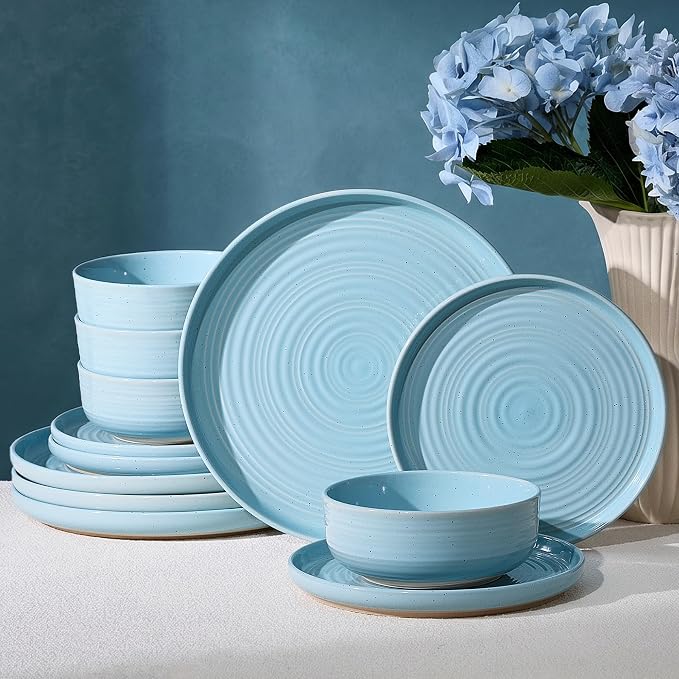 Dinnerware Set for 4, Ceramic Plates and Bowls, Ice Blue | 12 pcs Speckled