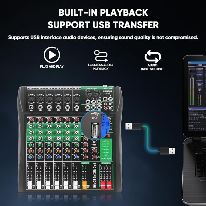 6 Channel Audio Mixer, Professional DJ Mixer Board Sound Music Mixing Console