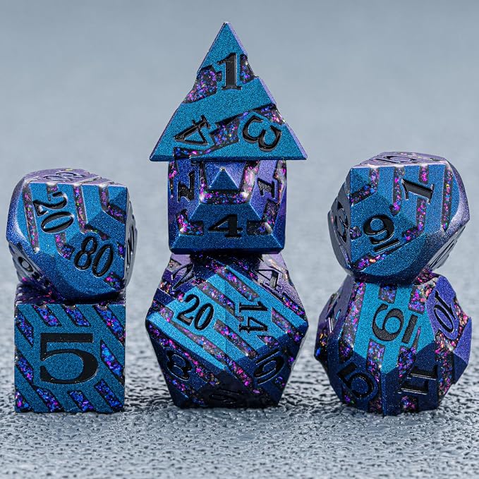 Metallic Glitter Stripes D&D Dice Set, RPG Metal Dice Set Dungeons and Dragons