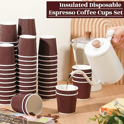 Yaomiao 200 Pcs 4 oz Disposable Espresso Coffee Cups Ripple Corrugated Paper