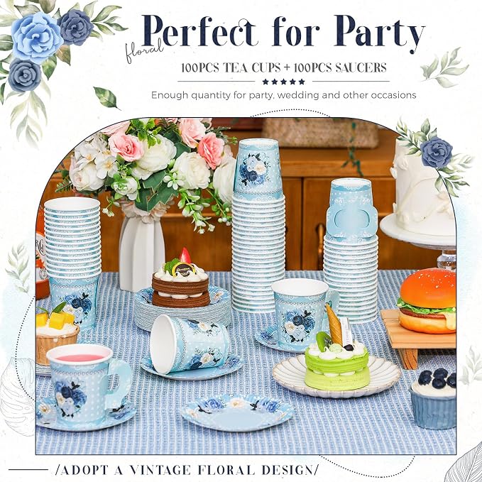 Nuogo 200 Pcs Floral Paper Tea Cups and Saucers 7 oz Disposable Paper Teacups