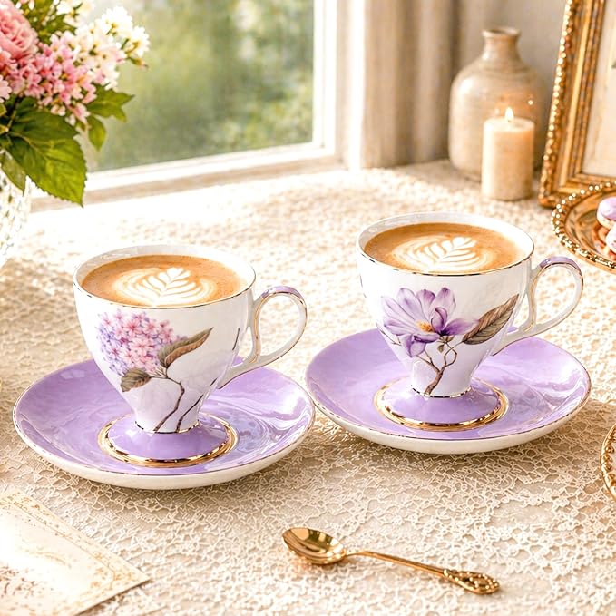 KAMMAK Tea Cups Set of 2, Ceramic Floral Pattern Demitasse Cup | Porcelain