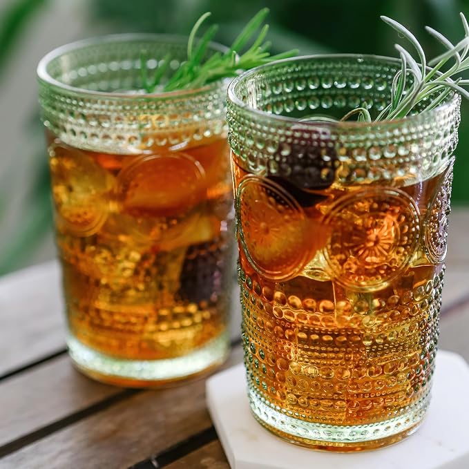 Hobnail Beaded Floral Green Drinking Glasses Set of 6, Vintage Glassware Set by