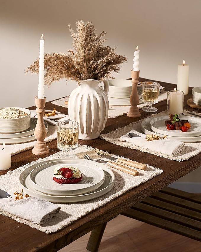 Stoneware Dinnerware Sets for 4, Reactive Glaze Plates & Bowls, Shell Beige |