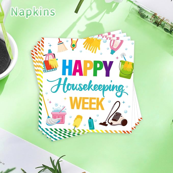 96Pcs Housekeeping Week Decorations, Cleaning Icons Plates Napkins Forks