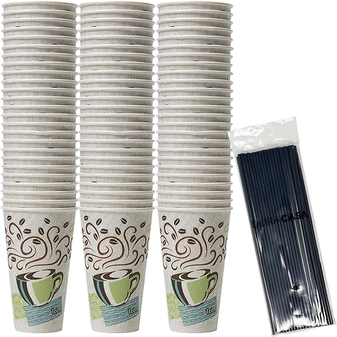 Straws and Insulated Paper Hot Cup 75 Count, 16 oz Coffee Cups and
